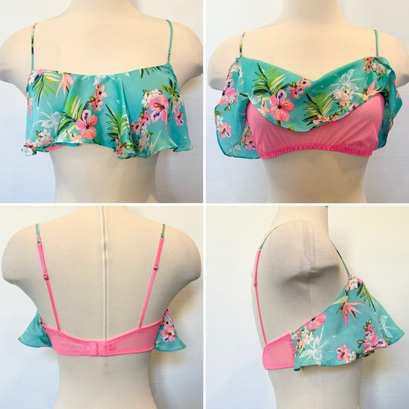 Victoria’s Secret Tropical Fantasy Floral Aqua Ruffle Mesh Cami Crop Bra M🔥🔥 - Picture 1 of 8